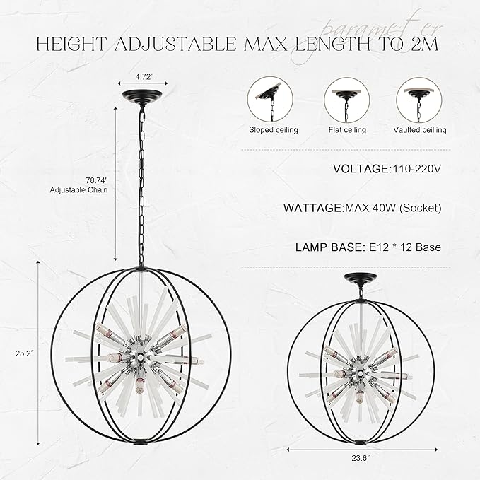 23.6" Black Chrome 12-Light Globe Sputnik Chandelier Modern Adjustable Hanging Ceiling Glass Tube Pendant Light Fixture for Entryway Foyer Staircase Dining Living Room Hallway-CasaMuseHome