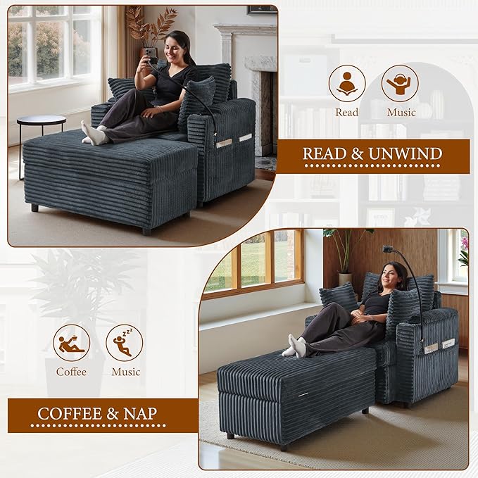 Accent Chair with Storage Ottoman Upholstered Living Room Chairs for Reading Chair with Chaise Lounge Chairs Indoor, Comfortable Armchair for Bedroom-CasaMuseHome