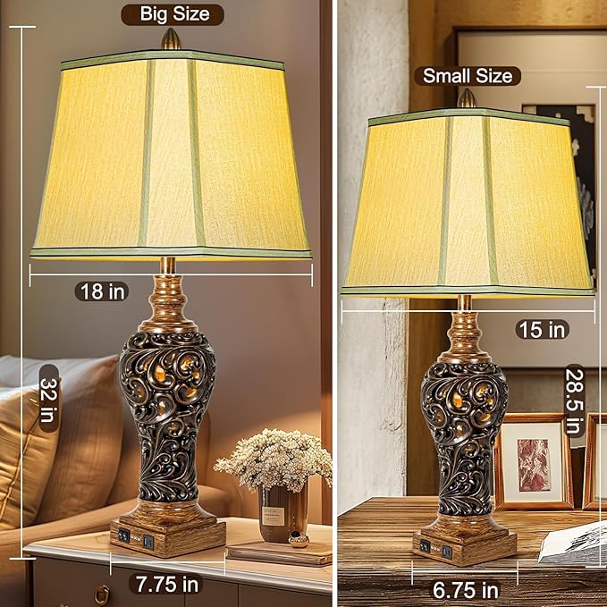 32'' Tall Rustic Vintage Table Lamps Set of 2 with Night Lights - Bedside Lamp with Faux Silk Shades for Bedroom and Living Room with 2 USB Charging Ports,Rustic Lamps for Living Room(Bulb Included)-CasaMuseHome