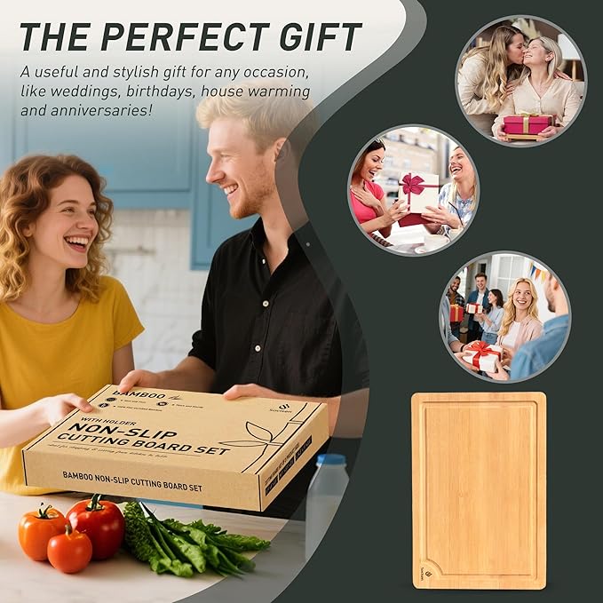 5 Packs Bamboo Cutting Board Set with Non Slip Feet Holder and Over Sink Nice Solid Thick Wood Juice Groove Chopping Board Small Big Xl XXl xlarge Oversized Kitchen Counter Organic Vegetable Meat Kit-CasaMuseHome