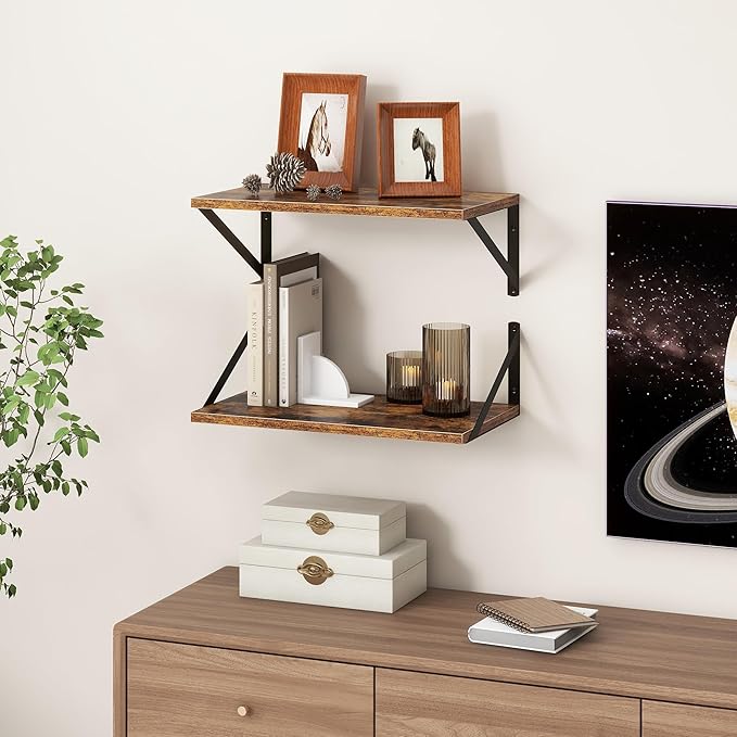 18"W x10"D Floating Shelves, Farmhouse Wall Shelves Home Decor Shelf, Deep Bathroom Shelves with Bracket, 10 Inch Deep Wall Shelf for Living Room, Kitchen, Bedroom, Rustic Brown, Set of 2-CasaMuseHome