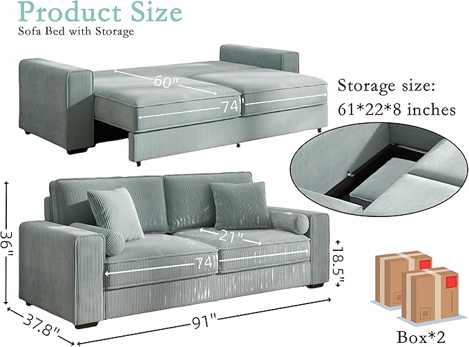 91-Inch Corduroy Pull Out Couch with Storage, Convertible Queen Sleeper Sofa with Pull Out Bed, Hide a Bed Couches for Bedroom, Guest Room, Apartment, Small Places, RV (Sage Green)-CasaMuseHome