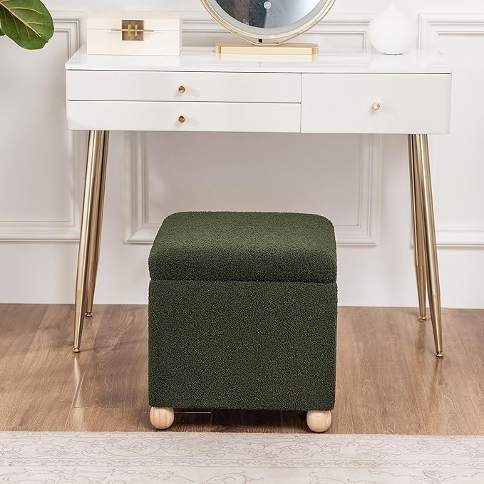 Adeco 17 Inch Soft Dark Green Cube Ottoman Storage, Teddy Velvet Chair Foot Stools, Upholstered Vanity Stool with Hinged Lid, Solid Round Wood Legs-CasaMuseHome