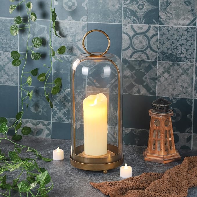 20" High Versatile Modern Metal Hurricane Lantern with Handmade Sturdy Glass Dome for Pillar Candle & Plants (Brass, 7.5"x20")-CasaMuseHome