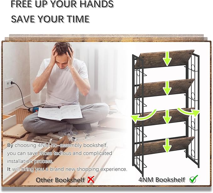 4NM No Assembly 4 Tiers Folding Bookshelf, 47.2" H Foldable Storage Shelves Vintage Bookcase Standing Racks Study Organizer Home Office - Rustic Brown Black-CasaMuseHome