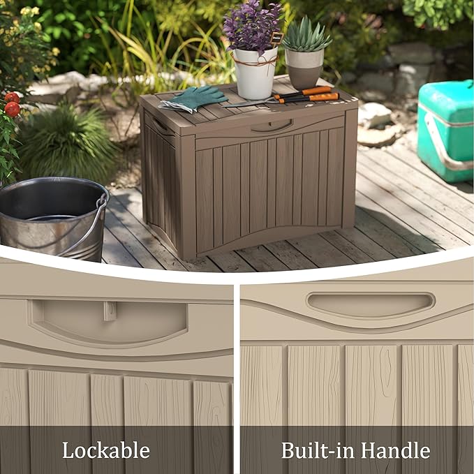 50 Gallon Lockable Resin Deck Box, Waterproof & UV-Resistant Outdoor Storage Box for Outdoor Cushion Storage, Garden Tools & Pool Accessories Storage, Gray-CasaMuseHome