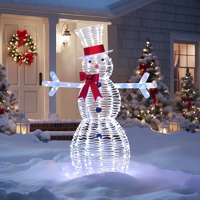 4.5FT Lighted Snowman for Christmas Decoration, 3D Pre-Lit Iridescent Snowman Xmas Decor with 100 LED Lights, Glittered Standing Holiday Display for Outdoor, Indoor-CasaMuseHome