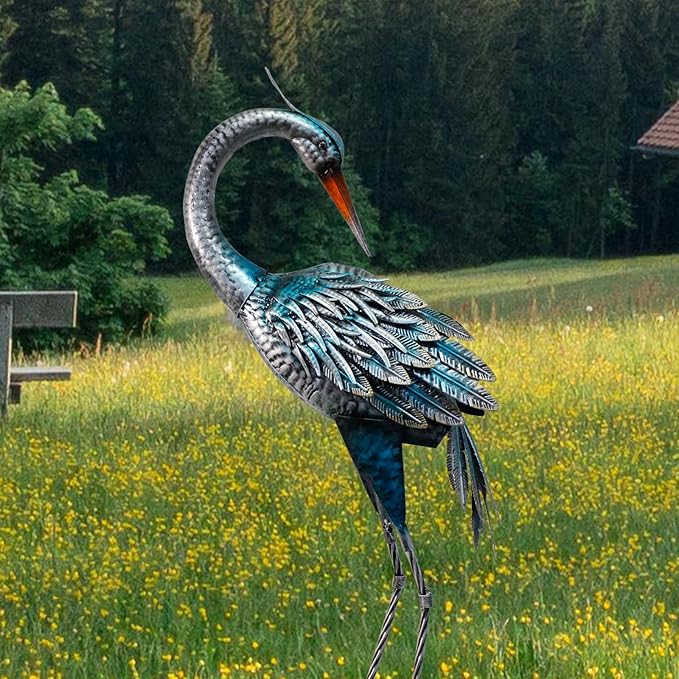 37 Inch Blue Heron Crane Statue, Metal Yard Art Outdoor Decoy, Garden Sculpture for Lawn/Pond Decoration, 1Pc, ORTBL-CR24053A-18-CasaMuseHome