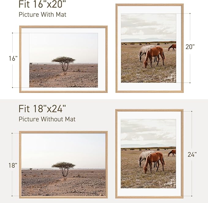 18x24 Poster Frame Set of 4 Natural Solid Oak Photo Frames with 16x20 Removable Mat Wall Hanging Large Handcrafted Frame with HD Plexiglass Wall and Tabletop Display Large Picture Frame-CasaMuseHome