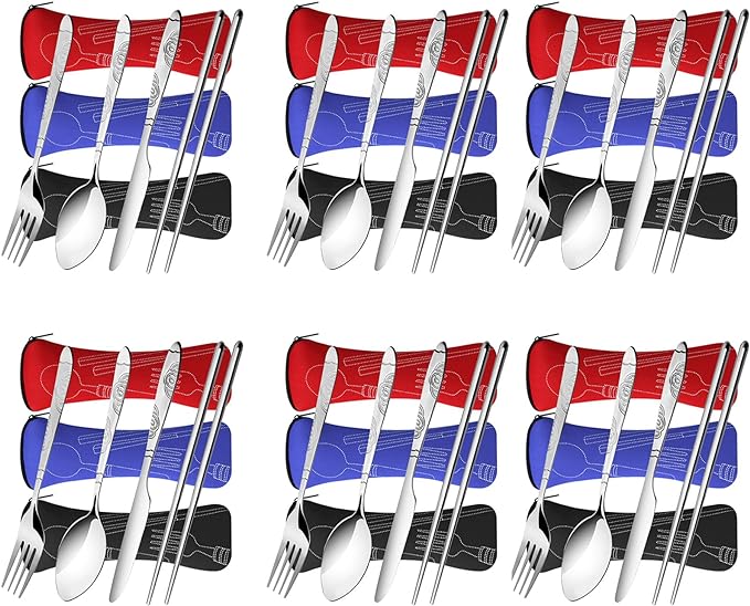 6 Pack Reusable Flatware Sets Knife, Fork, Spoon, Chopsticks, 24Pcs Portable Travel Stainless Steel Tableware Dinnerware with Carrying Case-CasaMuseHome