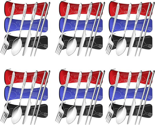 6 Pack Reusable Flatware Sets Knife, Fork, Spoon, Chopsticks, 24Pcs Portable Travel Stainless Steel Tableware Dinnerware with Carrying Case-CasaMuseHome
