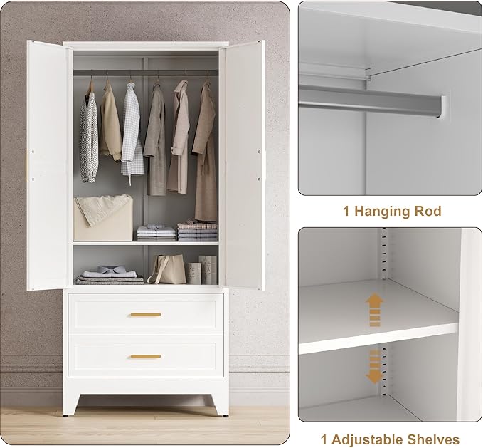 71'' Farmhouse Metal Wardrobe Cabinet with Hanging Rod, 2 Barn Door Wardrobe Closet with Adjustable Shelves,2 Drawer,for Dining Room,Bedroom,Living Room, Cloak Room,Office (White)-CasaMuseHome