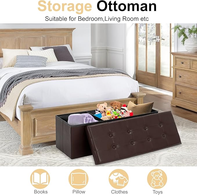 43 Inches Folding Storage Ottoman Bench, PU Leather Storage Chest, Footrest Padded Seat for Bedroom and Hallway, Holds up to 660 lbs, Brown-CasaMuseHome