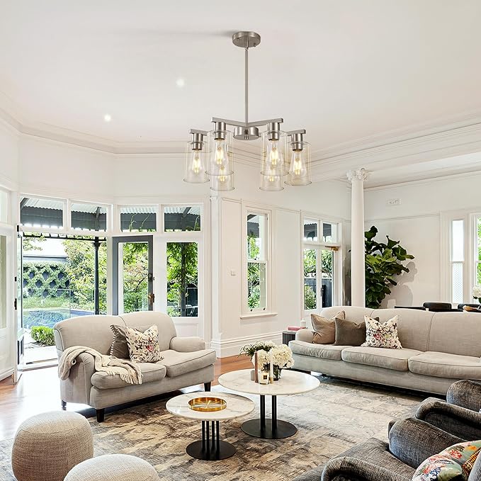 6-Light Modern Farmhouse Brushed Nickel Chandelier, Dining Room Light Fixture Over Table Adjustable Height Hanging Industrial Pendant Lights Kitchen Island, Clear Glass Shade-CasaMuseHome