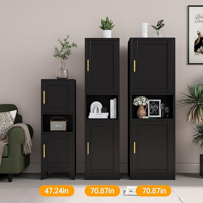 47.24" H Metal Narrow Bathroom Storage Cabinet Pantry Storage Cabinet, 2 Adjustable Shelves for Kitchen, Home Office, Living Room, Dinning Room (Black)-CasaMuseHome