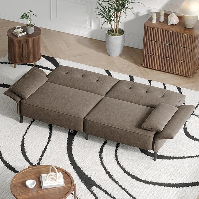 89” Futon Sofa Bed, Comfy Futon Couch Bed with 2 Square Pillows, Convertible Sleeper Sofa with Adjustable Backrest& Armrests, Modern Loveseat Sleeper for Living Room, Bedroom, Light Brown-CasaMuseHome
