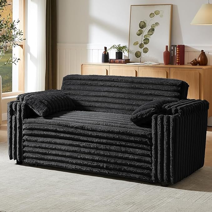 57-Inch Velvet Full Size Sleeper Sofa Couch with Pullout Bed,Convertible Pull Out with Golden Decorative Strip and Adjustable Backrest for Small Spaces,Apartment, Guest Room, RV (1109Black)-CasaMuseHome