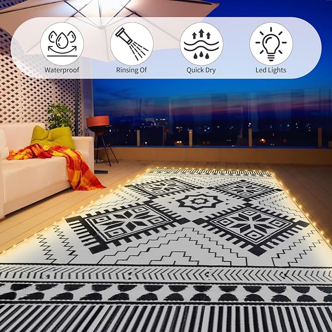 6x9ft Waterproof Outdoor Rug with LED Lights, Boho Reversible Plastic Straw Mat for Patio RV Camping Picnic Balcony Beach Deck Indoor Outdoor Carpet, Black&White-CasaMuseHome