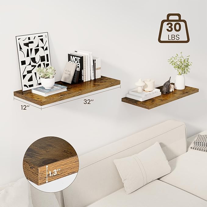 32" Floating Shelves for Wall, 12" Deep Slim Rustic Brown Floating Shelves, Wall-Mounted Shelves for Bedroom, Living Room, Kitchen, Bathroom - Set of 2-CasaMuseHome
