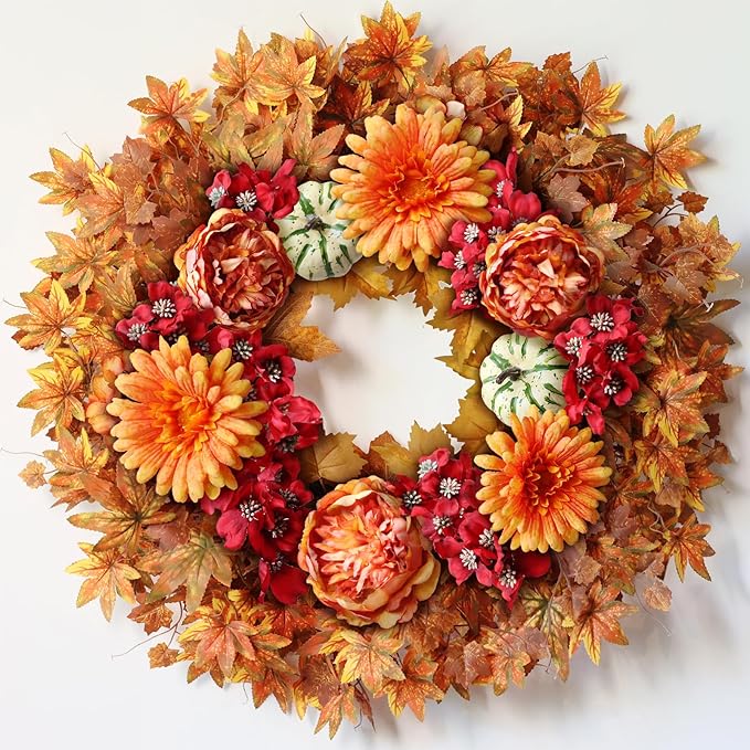 26" Fall Wreath for Front Door - Large Artificial Maple Leaves Fake Silk Peony Faux Pumpkin Outdoor Wreath for Porch, Window,Farmhouse,Home,Thanksgiving Day Harvest Festival Autumn Decor-CasaMuseHome
