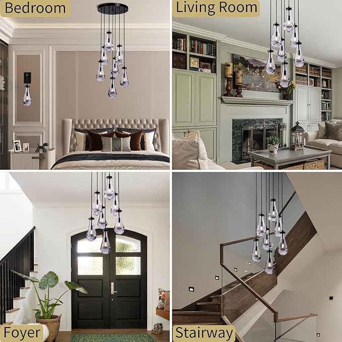 7 Light Raindrop Chandeliers, Bronze Teardrop Cluster Pendant Lights Kitchen Island, Black Dining Room Chandelier Over Table Hanging Pendant Lighting for High Ceiling, Entryway Staircase-CasaMuseHome
