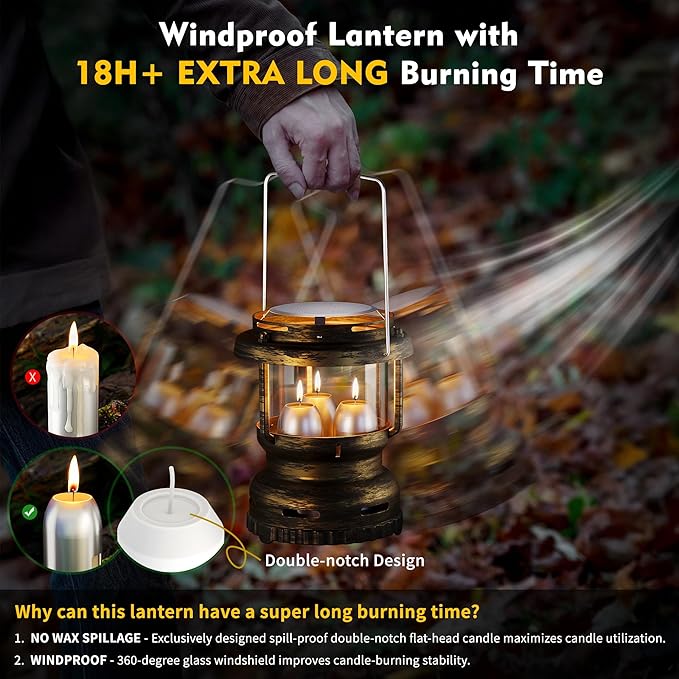 3-Wick Emergency Candle Lantern for Power Outages [18H+ Burning Time] Vintage Decorative Candle Lantern for Real Candles, Outdoor Portable Camping Survival Lighting [7.1"*5.7" - Vintage Brass]-CasaMuseHome