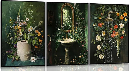 3Pcs Vintage Dark Green Bathroom Wall Art Shower Toilet Paper Roll Floral Poster Print Modern Farmhouse plants Painting Picture Wall Decor For Bathroom Living Room Decoration Unframed-CasaMuseHome