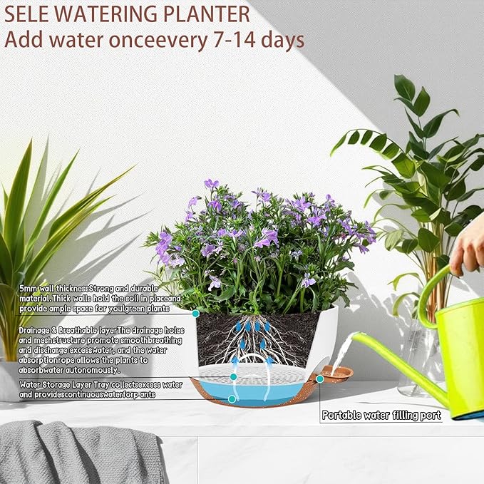 2 Pack 12 Inch Large Hanging Planters with Chains Self Watering White Brown Plastic Hanging Pots for Indoor Outdoor Plants, Garden Porch Home Decor，White Brown-CasaMuseHome