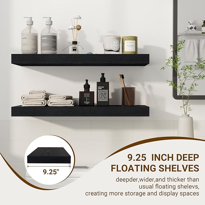 24 Inch Floating Shelves, 24"x9.25"x1.5" Inch Deep Floating Shelves for Wall, Wooden Shelves for Bathroom, Bedroom, Living Room, Black-CasaMuseHome