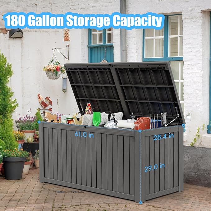 180 Gallon Deck Box,Resin Outdoor Storage Box with Lockable for Patio Furniture, Pool Accessories, Garden Tools Waterproof Outside Storage Box, Grey-CasaMuseHome