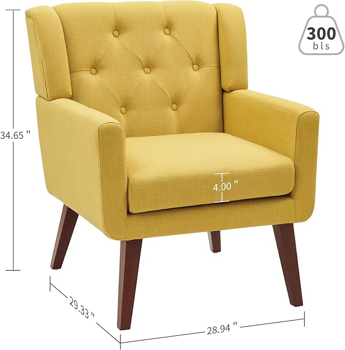 Accent Chair Button-Tufted Upholstered Living Room Chairs Comfy Reading Chair Mid Century Modern Chair with Linen Fabric Lounge Arm Chairs for Living Room Bedroom (Yellow Set of 2)-CasaMuseHome