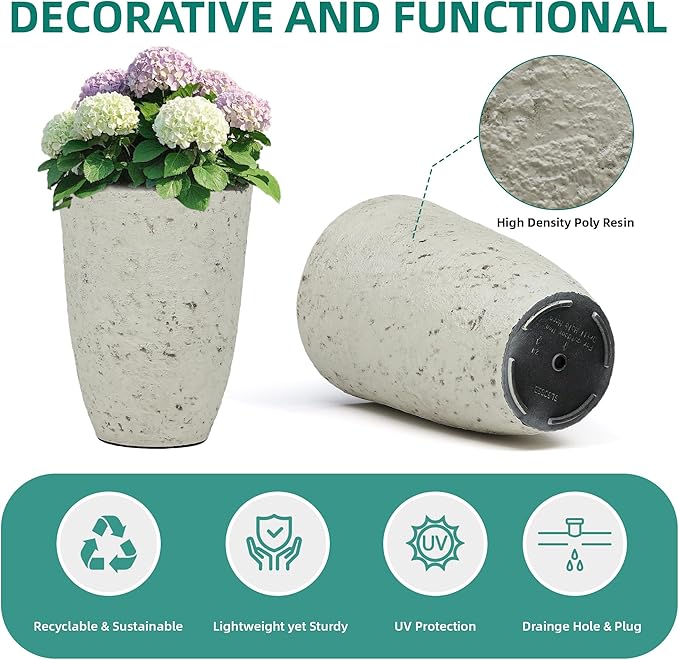 19.5" Resin Tall Planters for Outdoor Plants, Set of 2 Country White Large Flower Pots with Handmade Birch Bark Texture, Heavy-Duty and Weather-Resistant for Year Round Indoor Outdoor use-CasaMuseHome