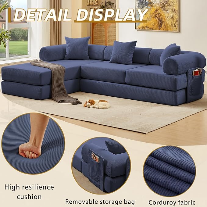 107" Oversized Convertible Sleeper Sofa Bed, Corduroy L Shape Sectional Couch, Folding Sofa Bed with Side Pocket, Modern Cloud Floor Mattress Couch,Modular Sofa for Living Room,Dark Blue-CasaMuseHome