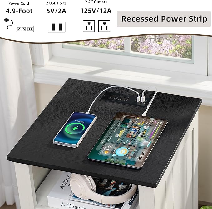 18" Farmhouse Night Stands Set of 2 with Charging Station, 2 Drawers End Table Dresser for Bedroom， Wooden Nightstand, Bed Side Table with Open Shelf, Bedside Cabinet for Living Room（White）-CasaMuseHome