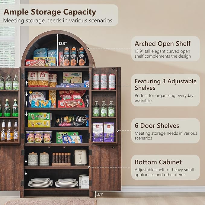 71" Tall Arched Bathroom Storage Cabinet, Modern Fluted Storage Cabinet w/Doors, 3 Adjustable Shelves, 6 Door Shelves, Wood Freestanding Cabinet for Bathroom, Entryway, Hallway, Brown-CasaMuseHome