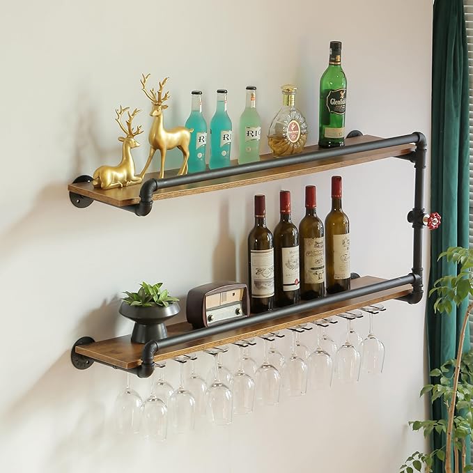 41 Inch Wine Rack Wall Mounted 2 Tier, Hanging Floating Bar Liquor Shelves with Glass Holder Storage Under, Industrial Rustic Pipe Farmhouse Kitchen Decor Black-CasaMuseHome