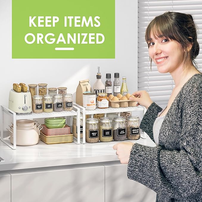 2 Pack Kitchen Countertop Organizer, Stackable Cabinet Shelf Organizer, 2 Tier Adjustable Kitchen Counter Shelves Riser For Pantry Cupboard Bathroom Organization And Storage, Desk Shelf,Spice Rack-CasaMuseHome