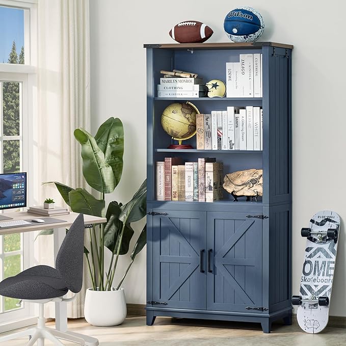 70in Tall Bookshelf 5 Tier Bookcase with Barn Doors and Adjustable Shelves, Blue Farmhouse Book Shelf with Storage Cabinet, Wood Freestanding Display Bookshelves for Bedroom, Living Room-CasaMuseHome