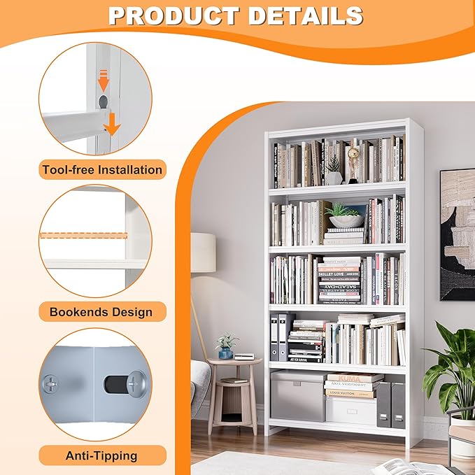 69.3" H Home Office Bookcase Shelf Storage,5 Tier Bookcase with Open Display Shelves,Industrial Wide Bookshelf with Metal Frame for Home Office, Living Room, Bed Room (34.1" W)-CasaMuseHome