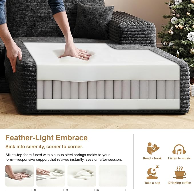 136" Sectional Couches for Living Room Modern Modular Sofa with L-Shape Couchs Upholstered Boneless Couch Deep Seat Sectional Couch with Chaise (Black, Right Facing Chaise+3Seaters+Ottoman)-CasaMuseHome