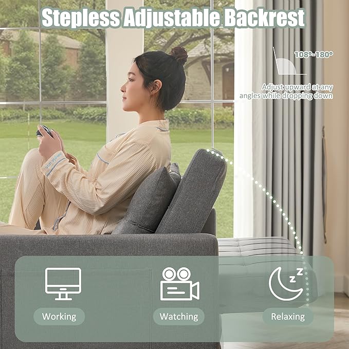 52" Sleeper Sofa with Pull-Out Bed, 3-in-1 Convertible Sofa Bed, Loveseat with Stepless Adjustable Backrest and Side Pocket, for Living Room Dorm Apartment, Linen, Light Gray-CasaMuseHome