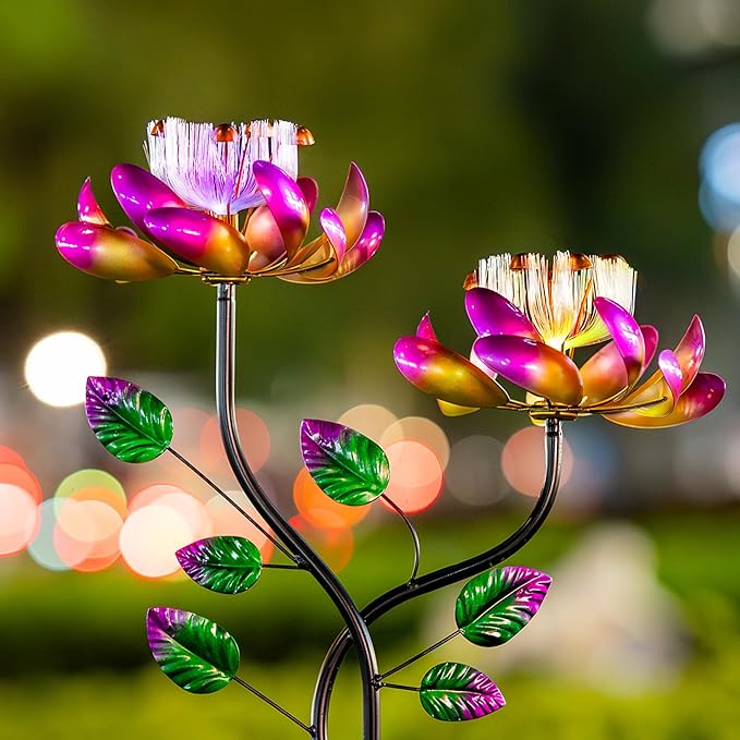 55'' Solar Powered Kinetic Wind Spinner Sculpture Pink Lotus Metal Stake Spinner for Patio, Lawn and Garden Decor Weather-Resistant Outdoor Art with Dual Lotus Design-CasaMuseHome