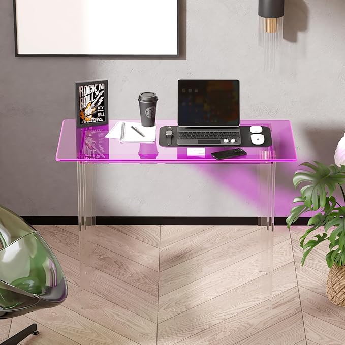 Acrylic Desk, Modern Study Table for HomeOffice-Extended Surface Multi-Purpose Console & EntrywayTable, Sturdy Lightweight Design（(42.5-inch, Pink)-CasaMuseHome