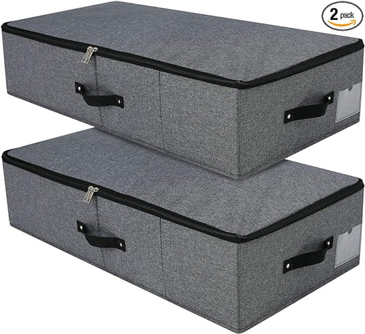 2PCS Foldable Under Bed Storage Box with Plastic Support Liner, Handles, Zipper lid, Blankets Clothes Comforters Storage Bin Organizer for Bedroom and Closet, 29×15×7inch, Black Grey-CasaMuseHome