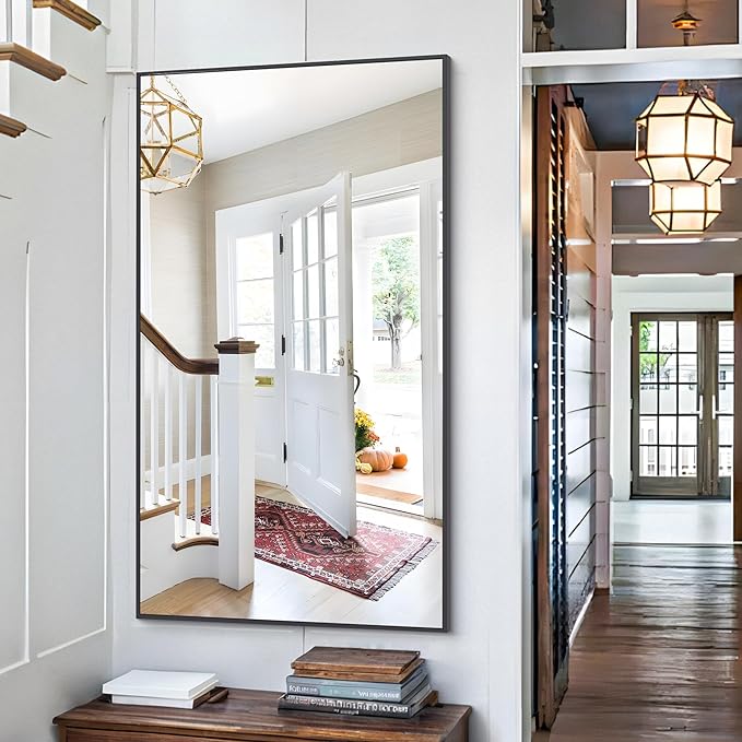 48x24In Black Bathroom Mirror for Wall, Rectangle Mirrors with Metal Frame, Bathroom Rectangular Mirror Modern Wall Mirror for Bedroom Living Room, Entryway Hangs Horizontal or Vertical-CasaMuseHome