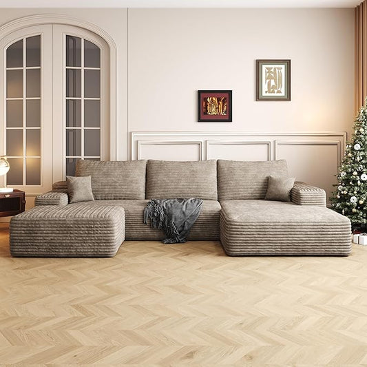108" Sectional Couches for Living Room Modern Modular Sofa with L-Shape Couchs Upholstered Boneless Couch Deep Seat Sectional Couch with Chaise (Camel, Right Facing Chaise+2Seaters+1Ottoman)-CasaMuseHome