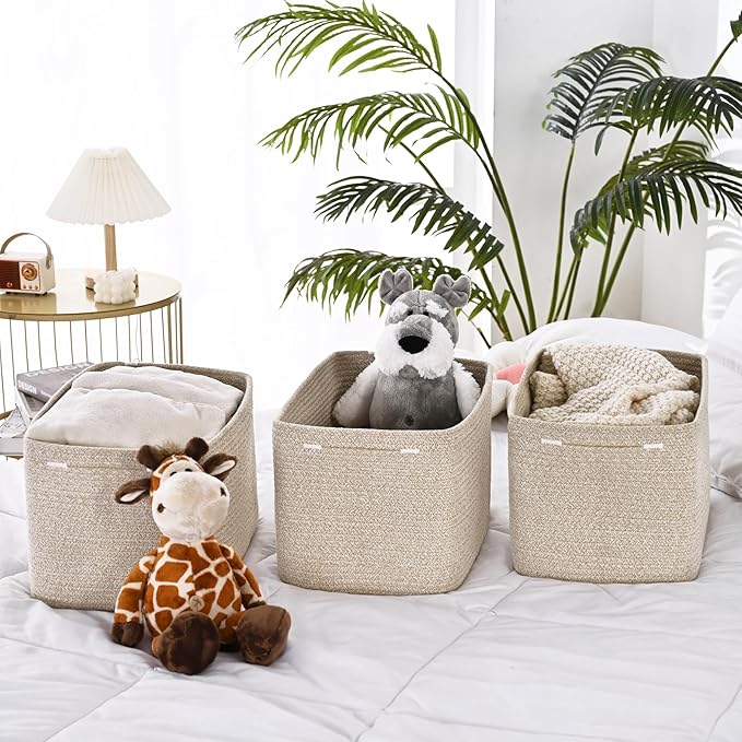 3-Pack Shelf Baskets for Organizing, Woven Storage Basket for Shelves, Cotton Rope Storage Bins for Toys Books, Nursery Towel Baskets for Classroom, 14.96"X9.8"X8.85", Brown-CasaMuseHome
