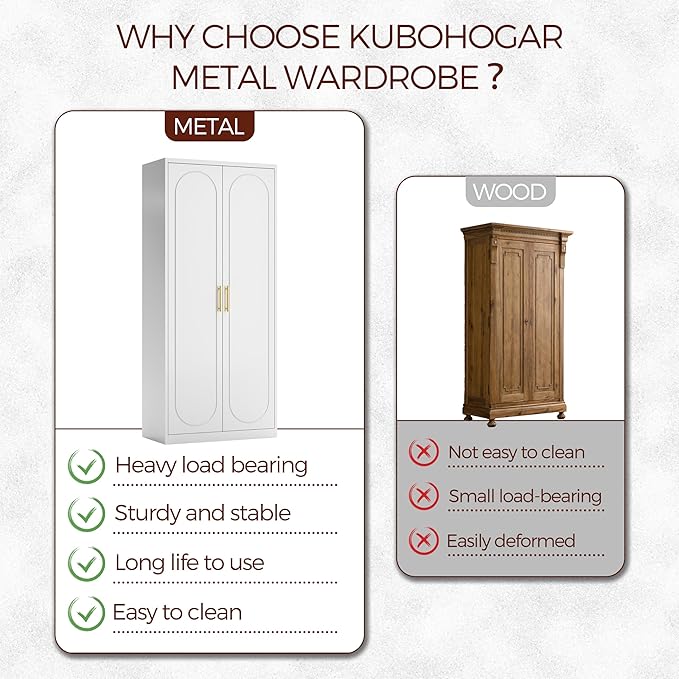 71" White Wardrobe Closet with 2 Doors, Metal Armoire Wardrobe Cabinet with Hanging Rod and Adjustable Shelves, Clothing Storage Cabinets for Bedroom, Laundry Room, Home Office-CasaMuseHome