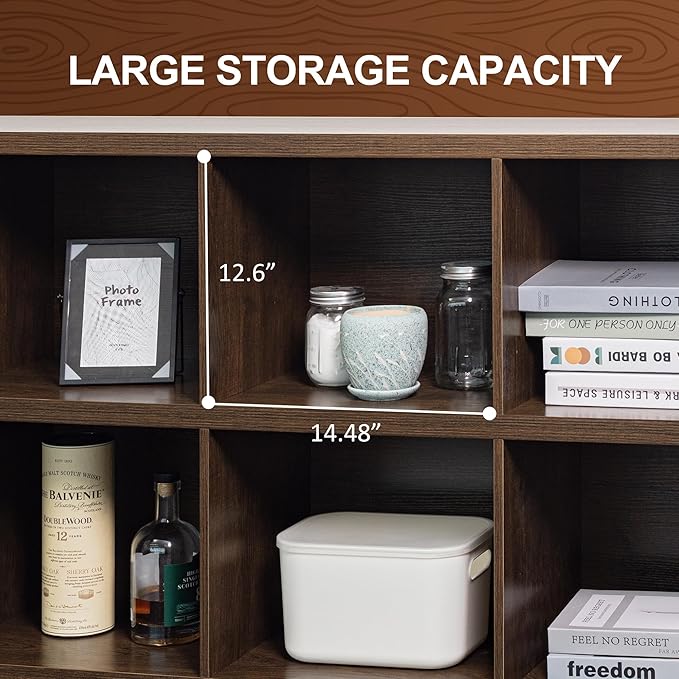 8 Cube Storage Organizer Bookshelf, Industrial Horizontal Bookcase, Accent Cubby Shelf, Media Console Table for Living Room, Home Office, 63 Inches, Brown Walnut-CasaMuseHome