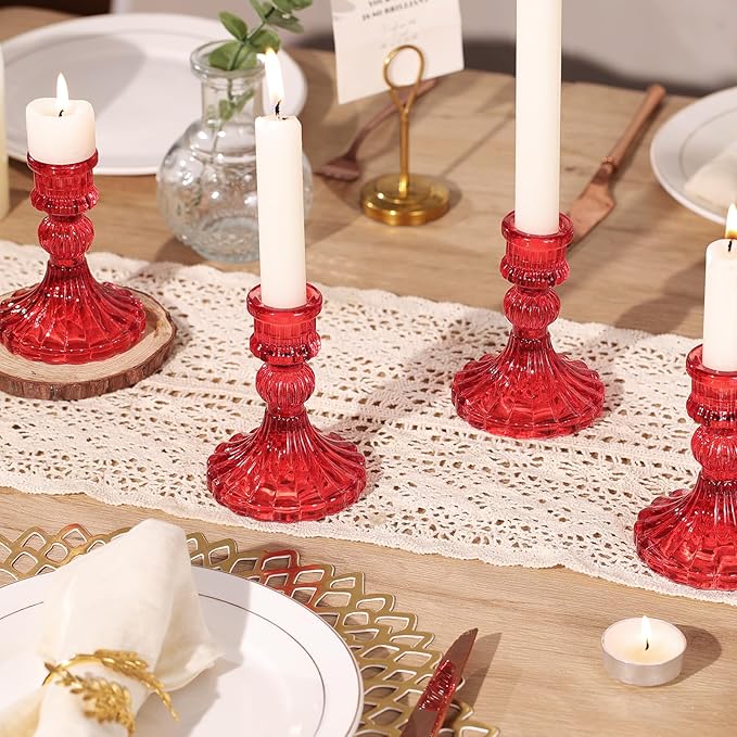 12PCS Red Candlestick Holders Set- 4" H Taper Candle Holders, Glass Candle Holders Bulk for Activities, Party, Home Table Centerpieces, Festival Gifts & Windowsill Decor-CasaMuseHome